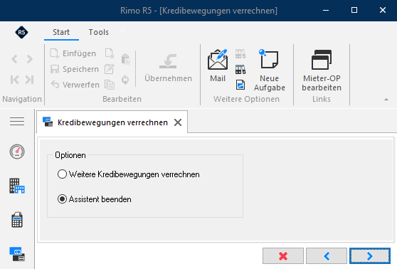 Screenshot: Assistent Kredibewegungen verrechnen mit Auswahl zum Beenden