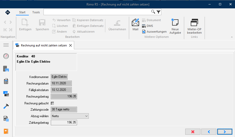 Screenshot: Erfassungsmaske der ausgewählten Rechnung mit Option nicht zahlen setzen