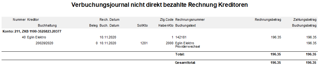 Screenshot: Verbuchungsjournal der nicht direkt bezahlten Kreditorenrechnung