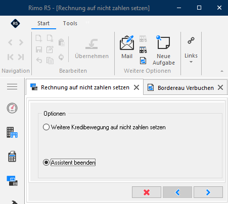 Screenshot: Assistent zum Setzen von Rechnungen auf nicht zahlen mit Option zum Beenden