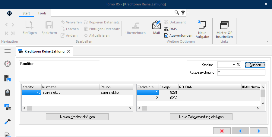 Screenshot: Auswahl der Zahlverbindung für die reine Zahlung
