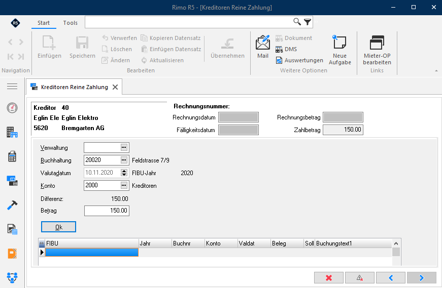 Screenshot: Kontierungsmaske der reinen Zahlung mit Buchhaltung und Betrag