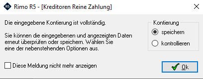 Screenshot: Bestätigungsdialog für die vollständige Kontierung der reinen Zahlung