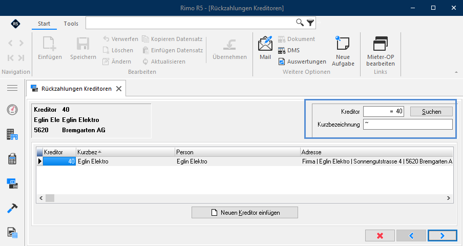 Screenshot: Kreditorenübersicht zur Suche und Auswahl eines Kreditors für die Rückzahlung