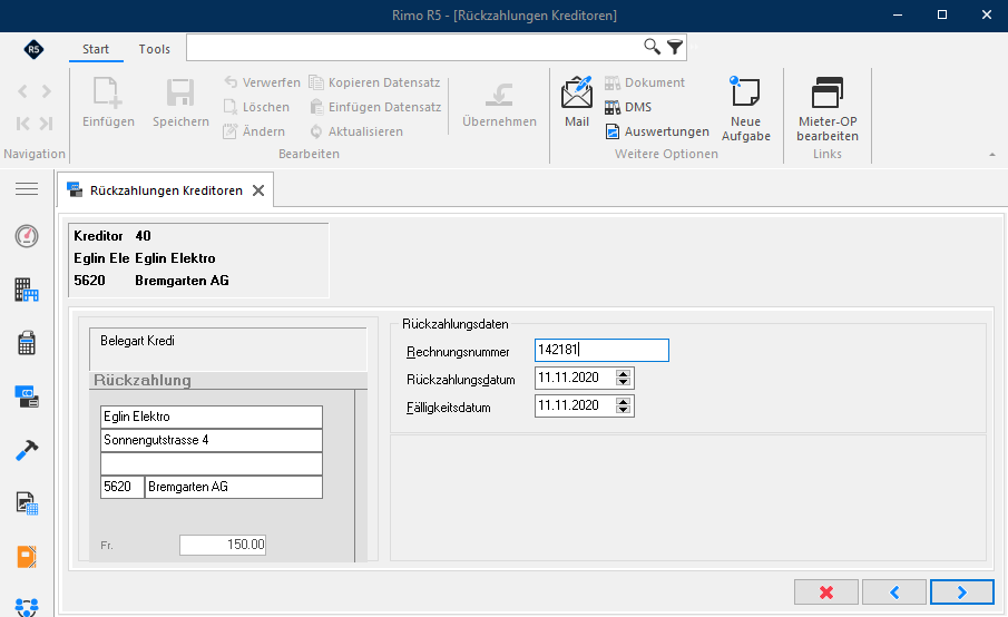 Screenshot: Erfassungsmaske für eine Rückzahlung mit Betrag und Datumsfeldern