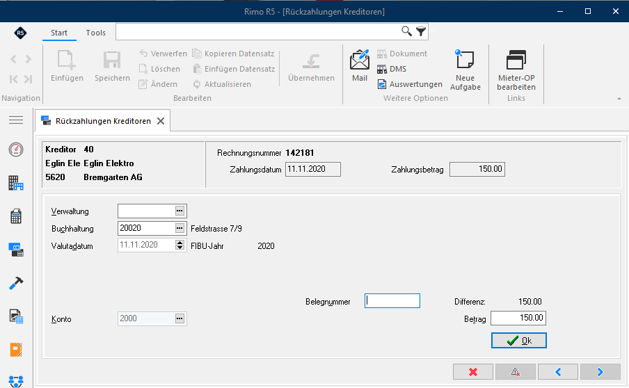 Screenshot: Kontierungsmaske der Rückzahlung mit Buchhaltung, Konto und Betrag