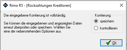 Screenshot: Bestätigungsdialog für die vollständige Kontierung einer Rückzahlung