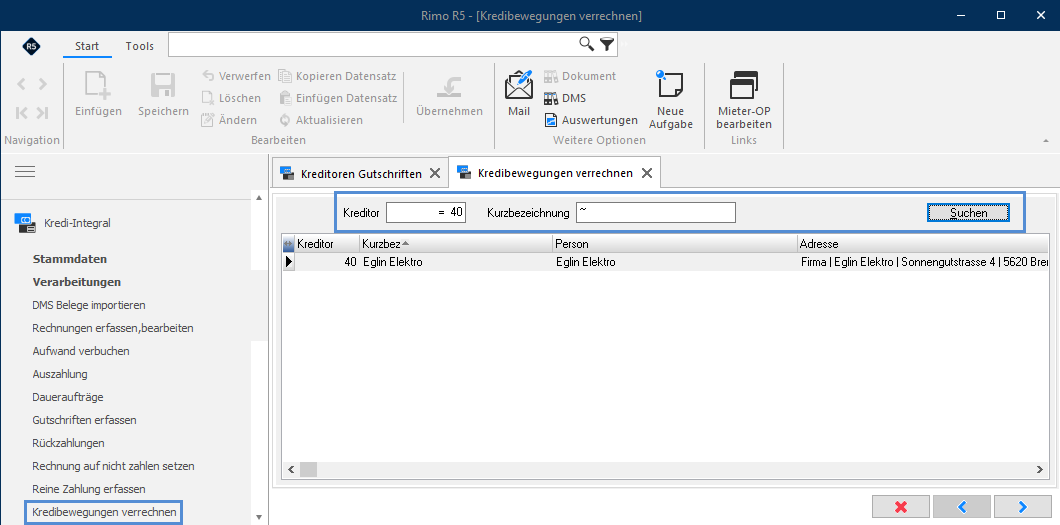 Screenshot: Kreditorensuche im Assistenten Kredibewegungen verrechnen
