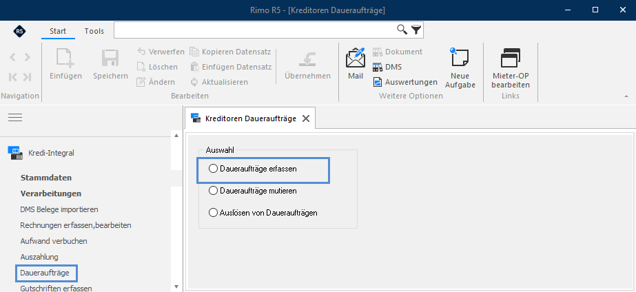 Screenshot: Auswahl Daueraufträge erfassen, mutieren oder auslösen