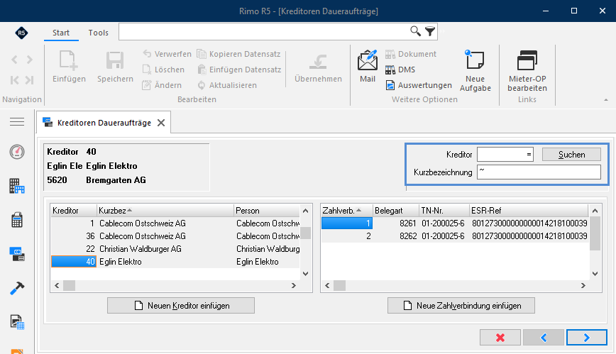 Screenshot: Kreditorenübersicht mit Zahlverbindungen für einen Dauerauftrag