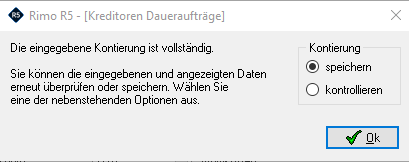 Screenshot: Bestätigungsdialog für die vollständige Kontierung eines Dauerauftrags