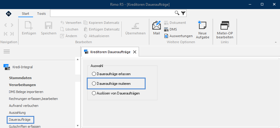 Screenshot: Kreditoren Daueraufträge mit ausgewählter Option «Daueraufträge mutieren»