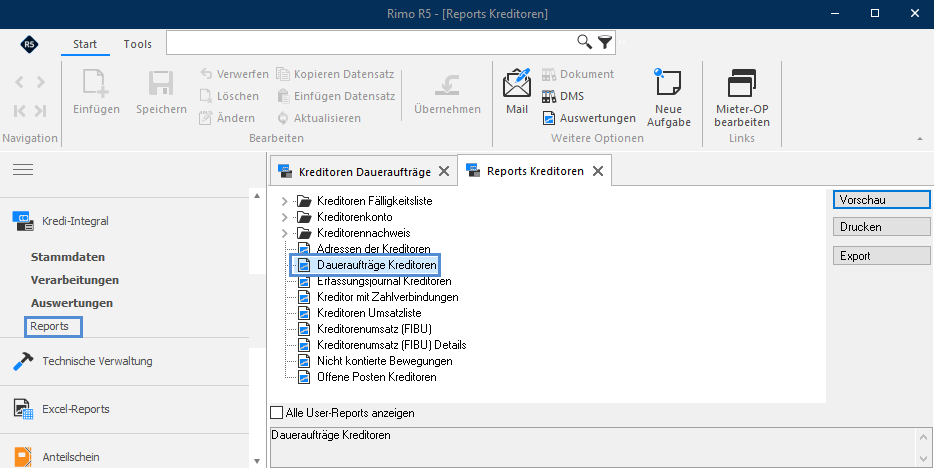 Screenshot: Reports Kreditoren mit ausgewähltem Report «Daueraufträge Kreditoren»