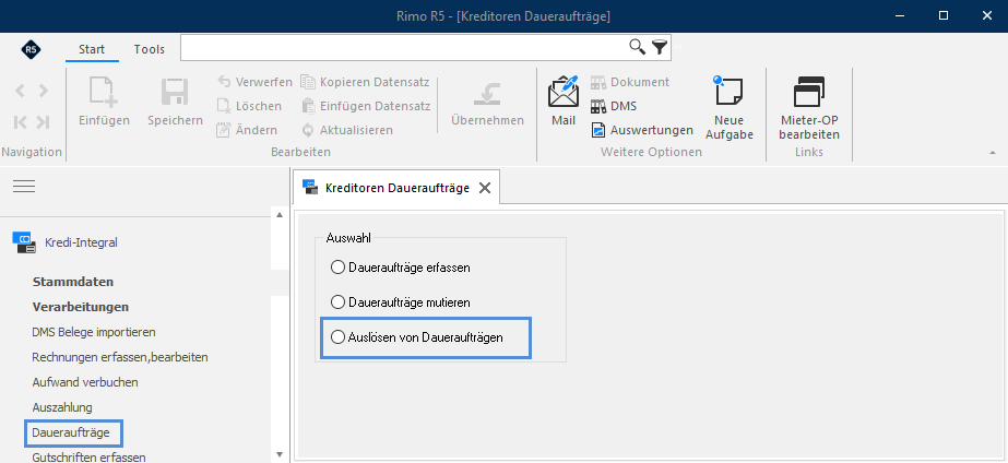 Screenshot: Kreditoren Daueraufträge mit ausgewählter Option «Auslösen von Daueraufträgen»