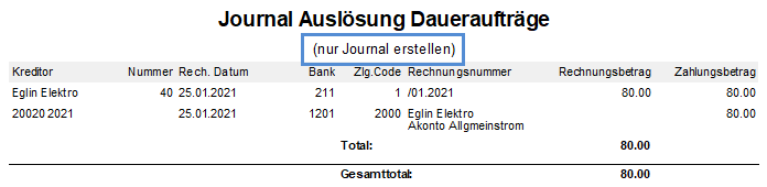 Screenshot: Journal «Auslösung Daueraufträge» bei Auswahl «Nur Journal erstellen»