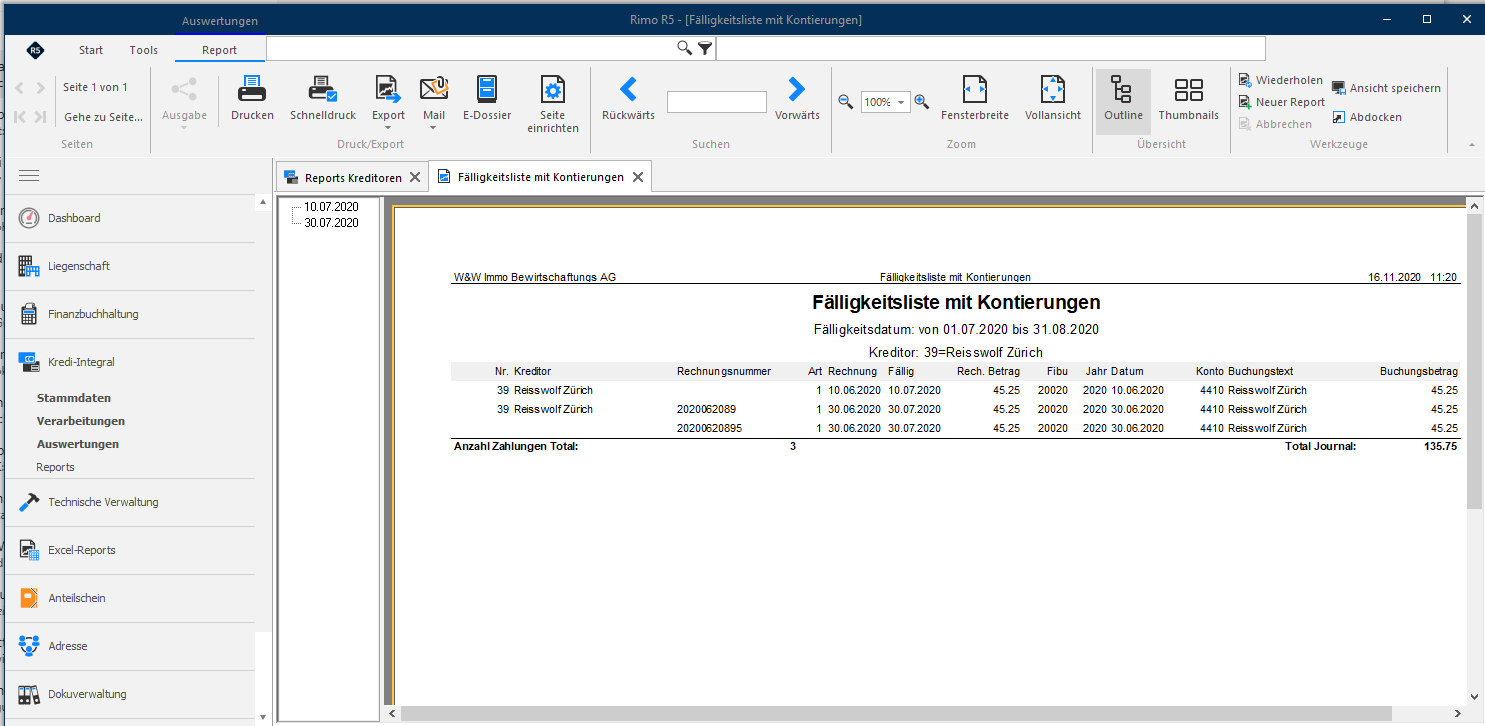 Screenshot: Auswertung «Fälligkeitsliste mit Kontierungen» sortiert nach Fälligkeitsdatum