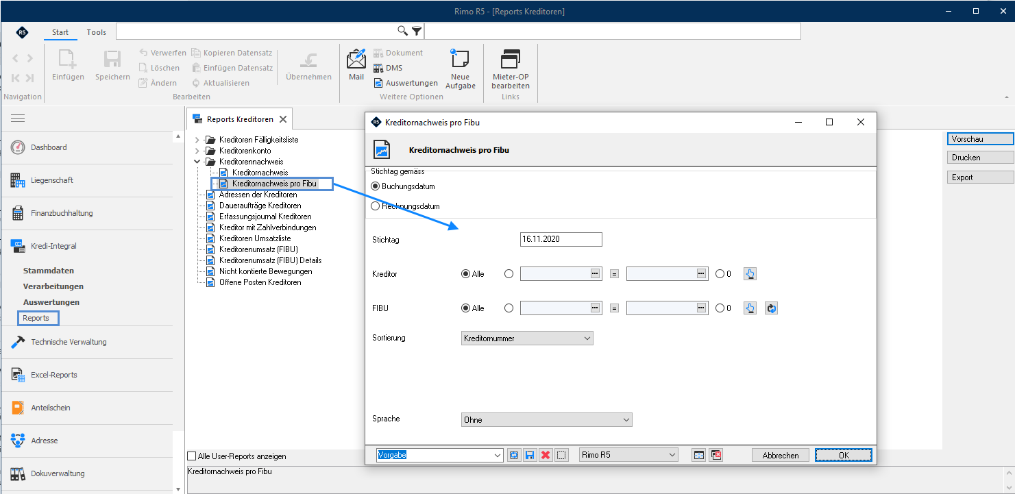 Screenshot: Auswahlmaske «Kreditorennachweis pro Fibu» mit Stichtag, Kreditor und FIBU