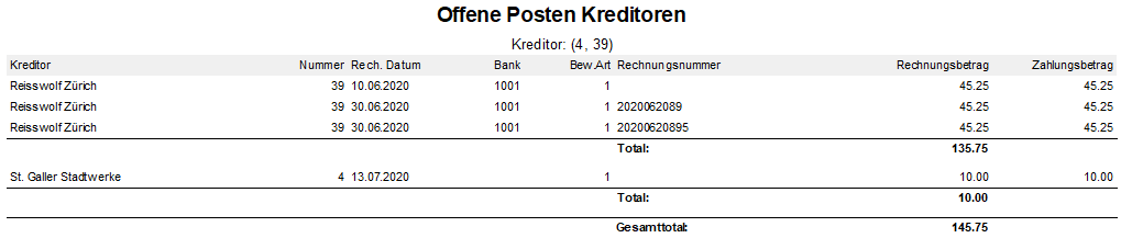 Screenshot: Auswertung «Offene Posten Kreditoren» für zwei ausgewählte Kreditoren