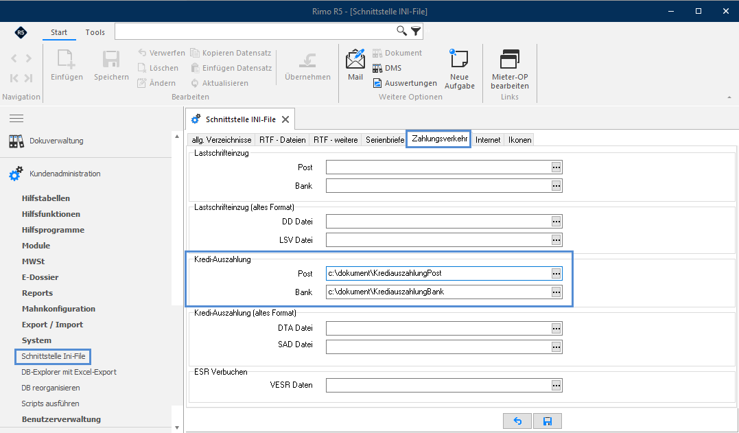Screenshot: Register «Zahlungsverkehr» im Schnittstelle-INI-File mit Standardpfaden für Kred-Auszahlung