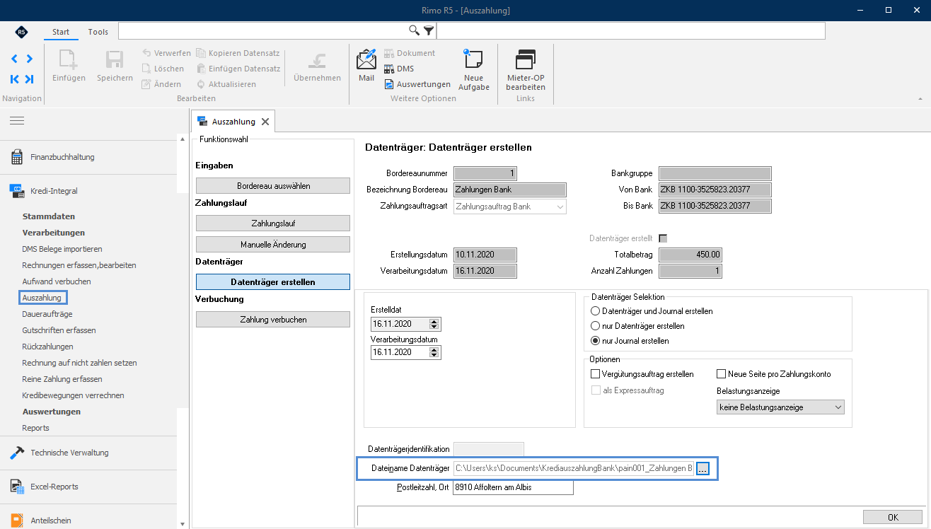 Screenshot: Funktion «Datenträger erstellen» mit automatisch übernommenem Dateipfad