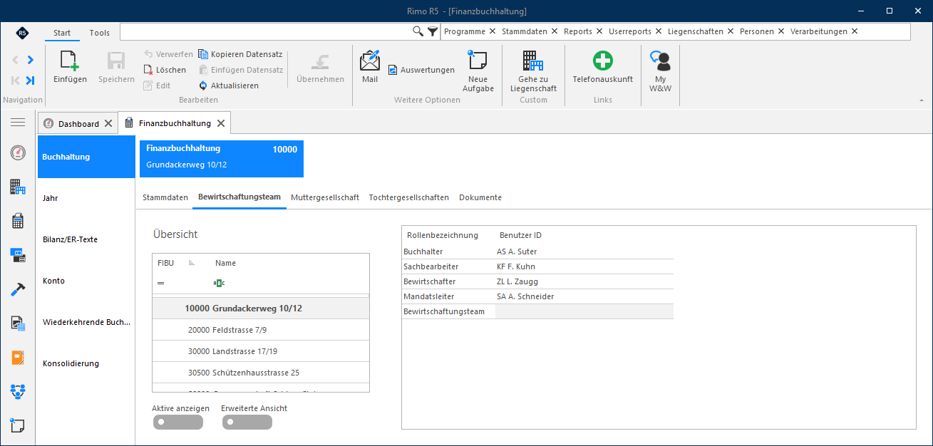 Screenshot: Register Bewirtschaftungsteam einer Finanzbuchhaltung