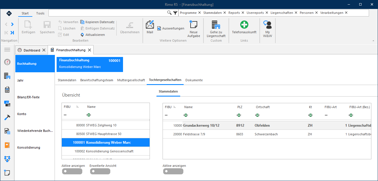 Screenshot: Übersicht der eröffneten Buchhaltungsjahre einer Finanzbuchhaltung