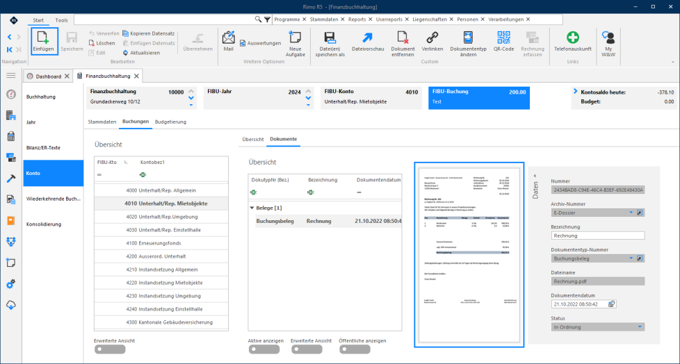 Screenshot: Register Dokumente mit hinterlegtem Beleg zu einer Kontobuchung