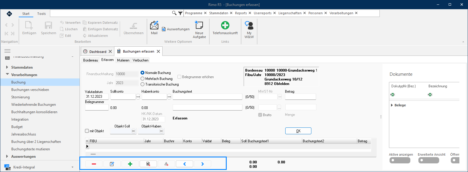 Screenshot: Funktionsleiste der Buchungsmaske
