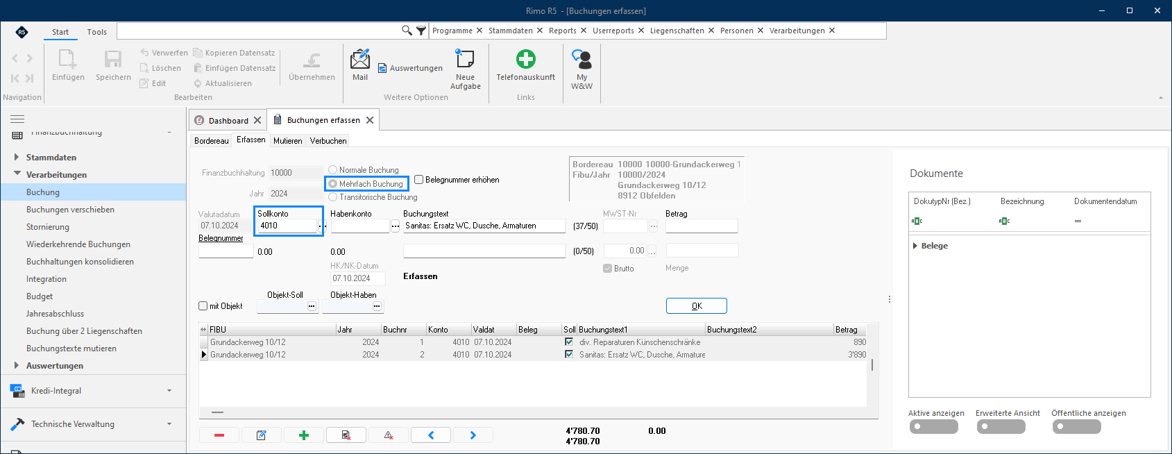 Screenshot: Normale Buchung mit Soll- und Habenkonto