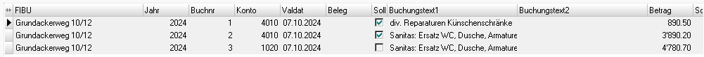Screenshot: Gespeicherte Buchungen im Bordereau