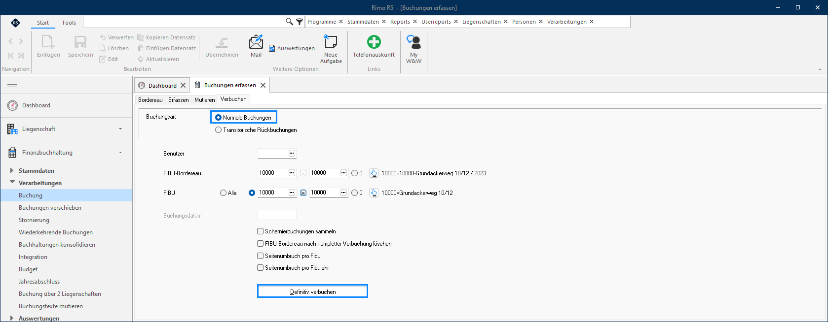 Screenshot: Buchungsart Transitorische Buchung