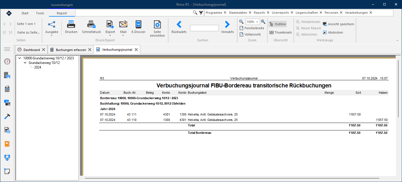 Screenshot: Verbuchungsjournal für normale Buchungen