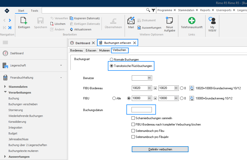 Screenshot: Verbuchungsmaske für transitorische Buchungen
