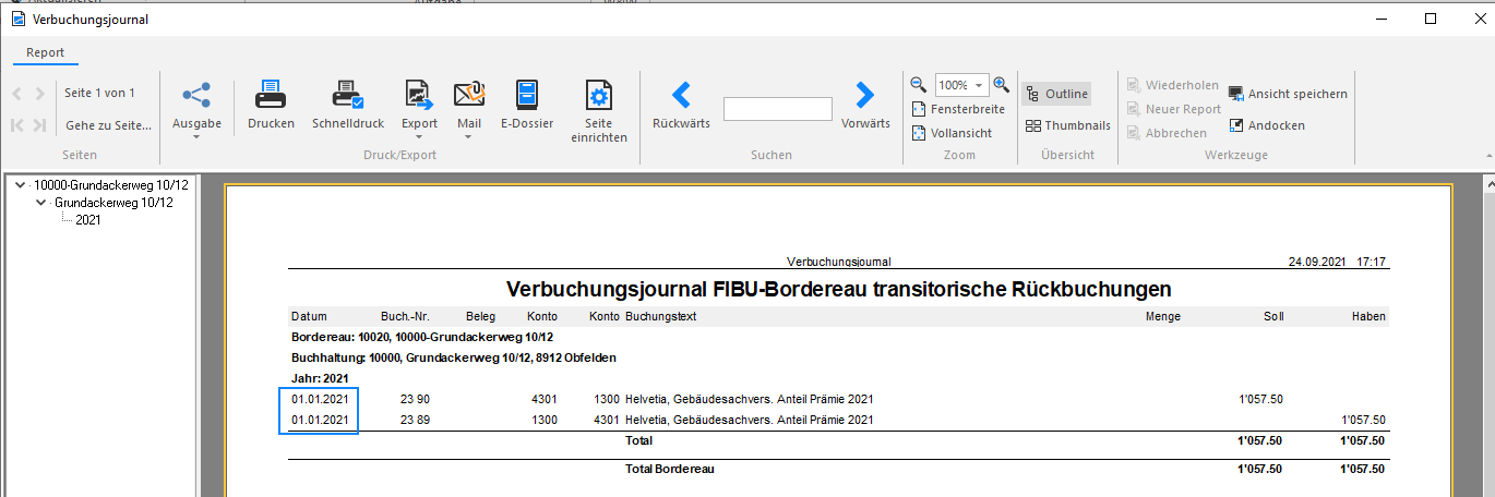 Screenshot: Dialog für die transitorischen Rückbuchungen
