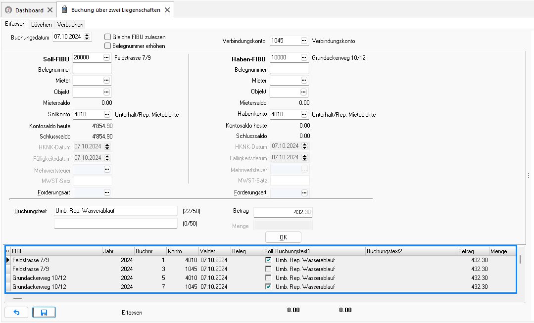Screenshot: Buchungssätze einer Buchung über zwei Liegenschaften