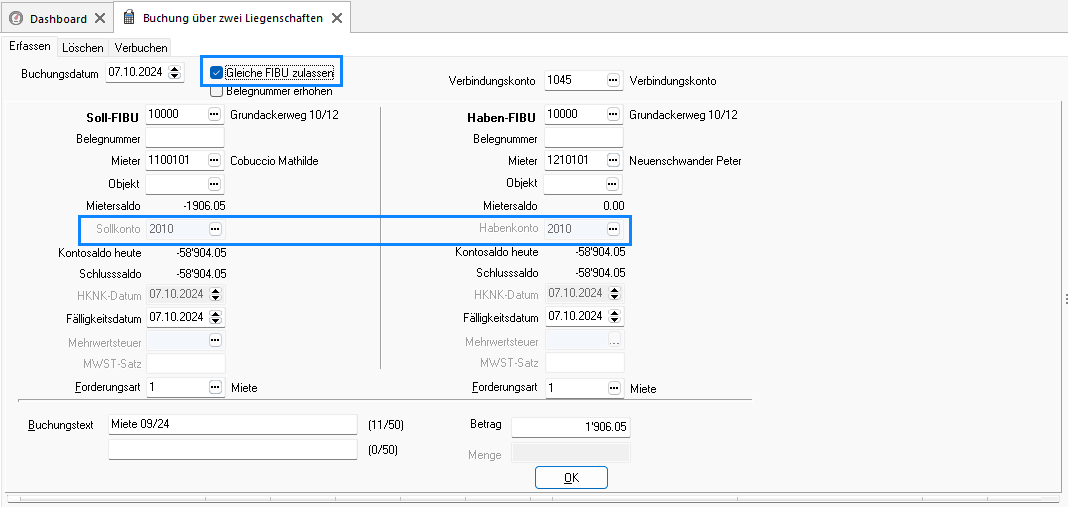 Screenshot: Erfassung einer Umbuchung innerhalb derselben Liegenschaft