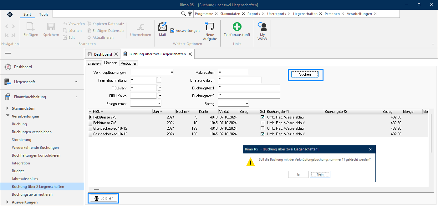 Screenshot: Buchung von Mieter zu Mieter mit Mietersammelkonto als Gegenkonto