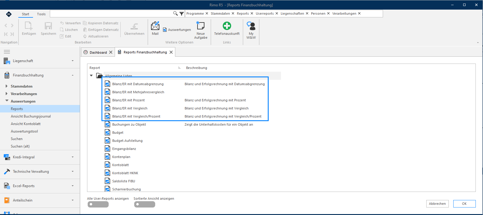 Screenshot: Reports – Auswahl der allgemeinen Listen im Navigationsbereich