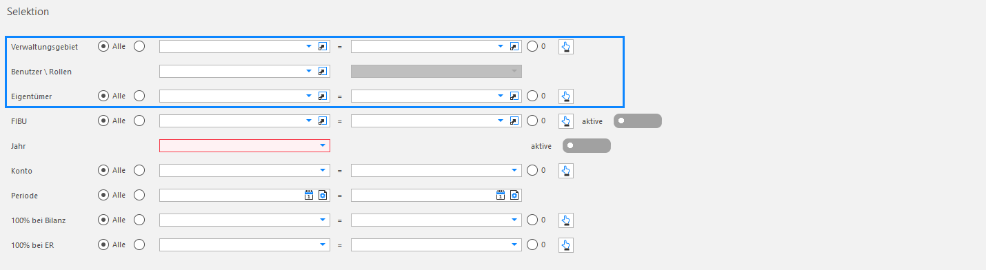 Screenshot: Bilanz/ER – Selektionsmaske mit Auswahlkriterien