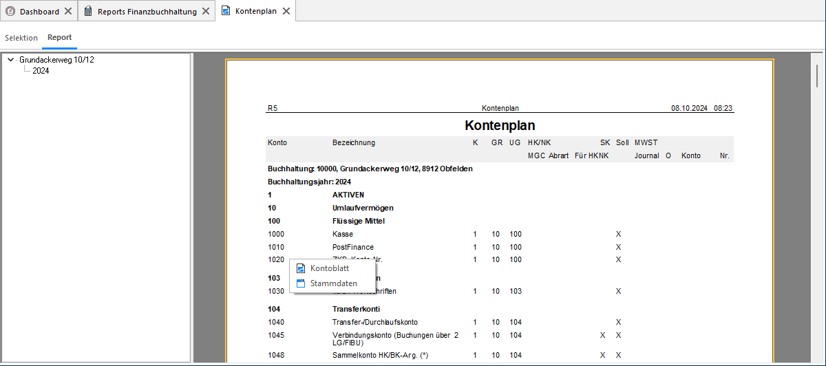 Screenshot: Kontoblatt – Selektionsmaske mit Ausrichtung und Optionen