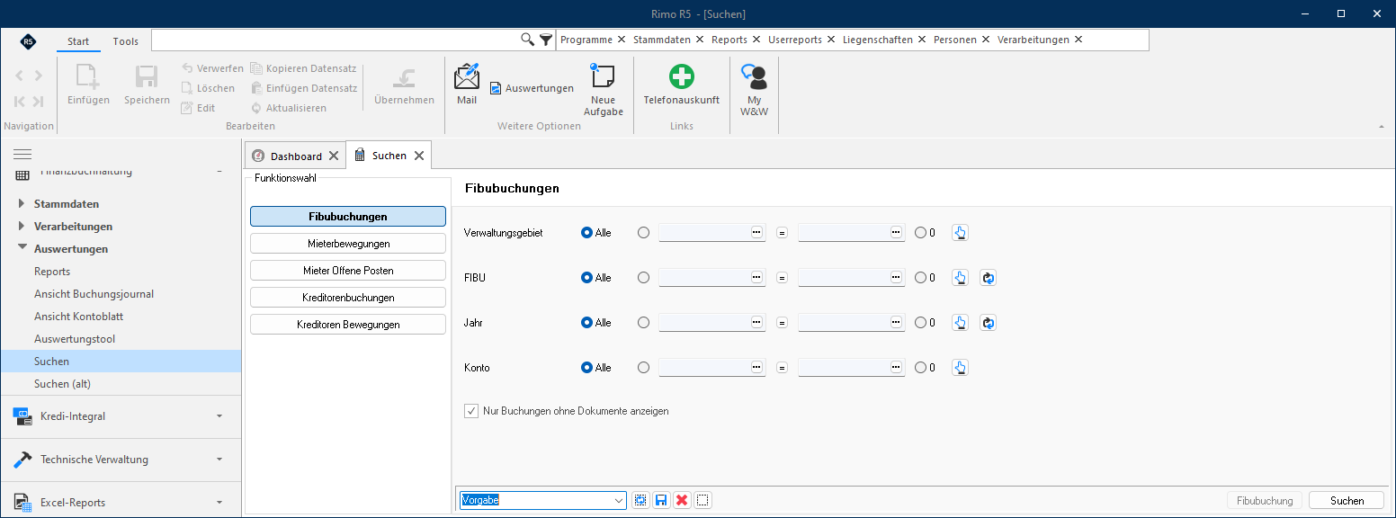 Screenshot: Suchen – Auswahl der Buchungsbereiche und Suchkriterien
