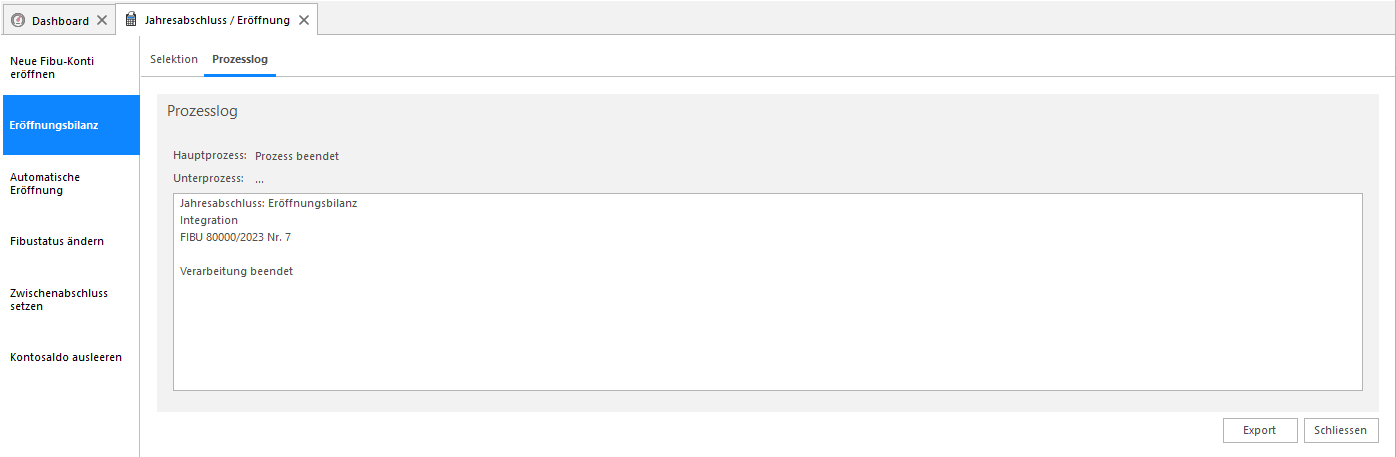Screenshot: Eröffnungsbilanz – Integrationsfenster zur Fortschrittskontrolle