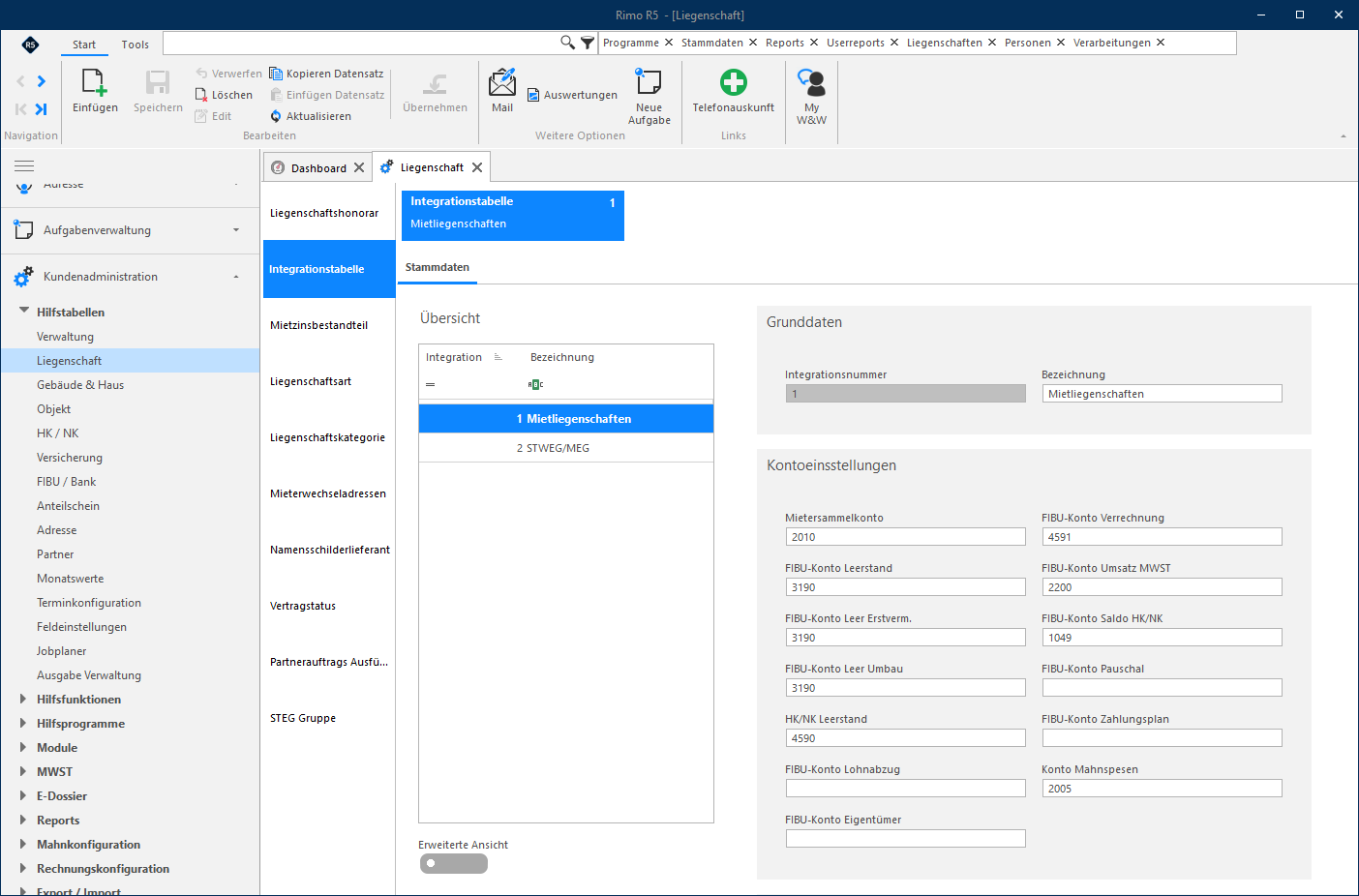 Screenshot: Integrationstabelle – Kontoeinstellungen für Mietliegenschaft und STEG-Gemeinschaft