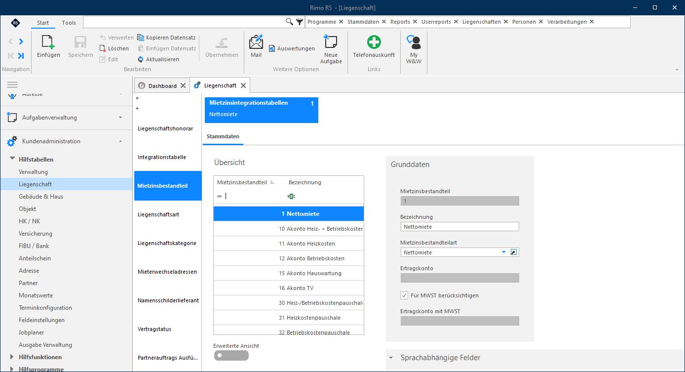 Screenshot: Mietzinsbestandteil – Stammdaten mit Kontenzuordnung und MWST-Einstellungen
