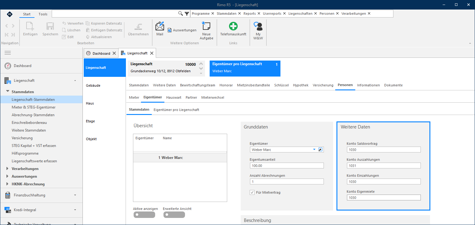 Screenshot: Eigentümer-Stammdaten – Konten für Eigentümerbewegungen