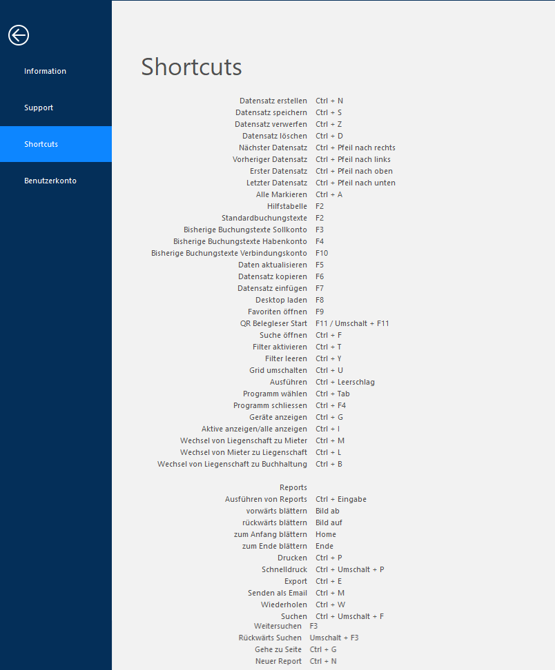 Screenshot: Register Shortcuts mit den verfügbaren Tastenkombinationen