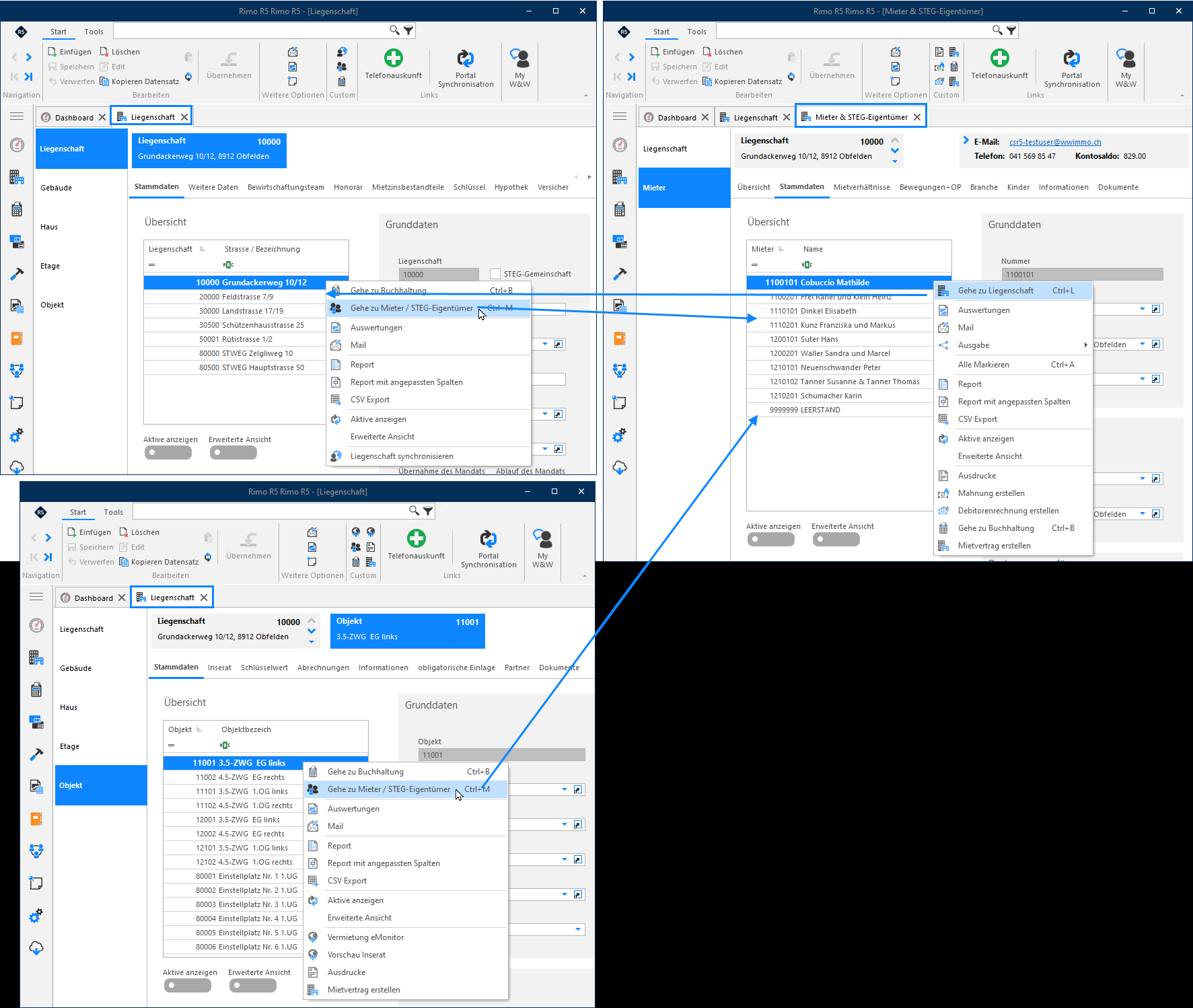 Screenshot: Kontextmenü zum Wechsel zwischen Liegenschafts- und Mieter-Stammdaten
