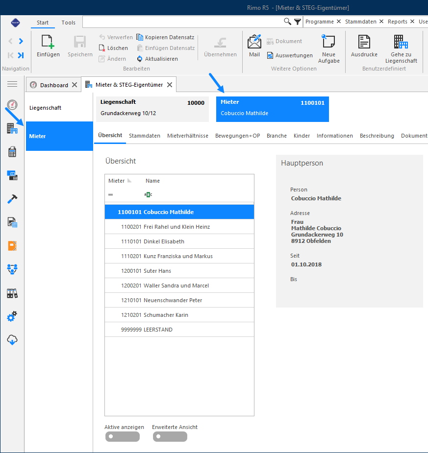 Screenshot: Mieterübersicht mit Mieternummern und markiertem Mieter