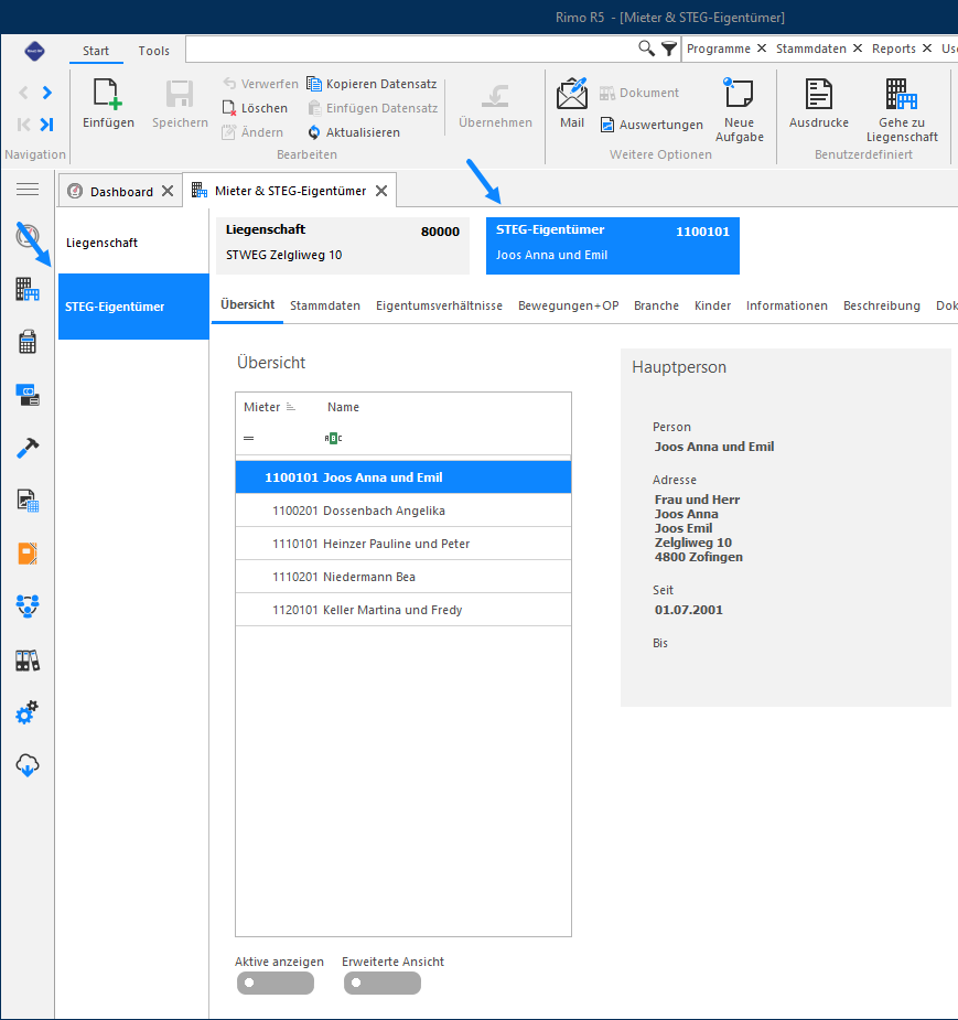 Screenshot: Mieterübersicht mit Mieternummern und markiertem STEG-Eigentümer