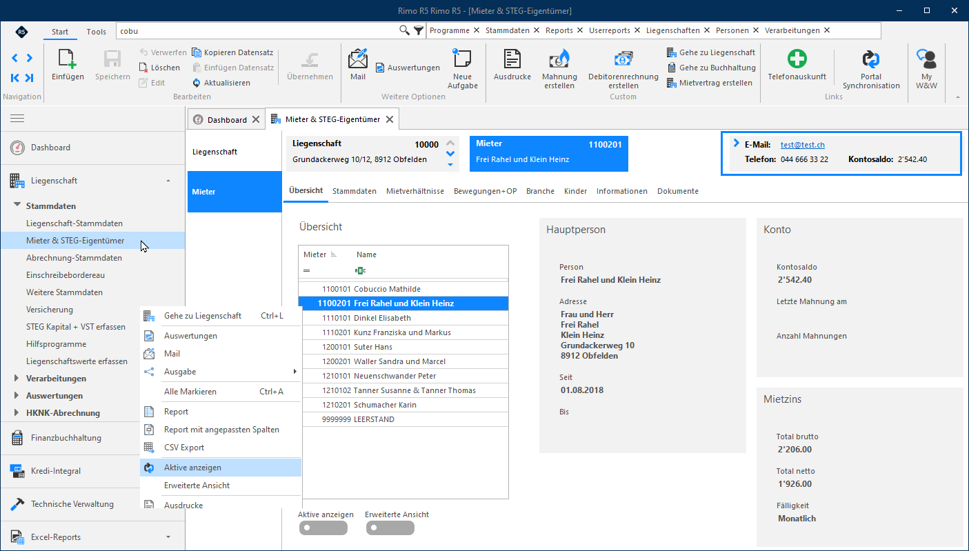 Screenshot: Mieterübersicht einer Liegenschaft mit Kontakt- und Kontoinformationen des markierten Mieters